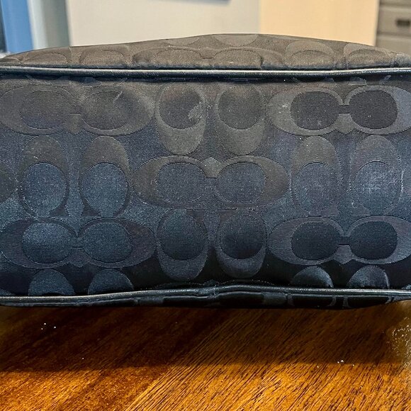 COACH 32702 Black Signature Drawstring Nylon Leather Double Straps Satchel Bag - Picture 5 of 10